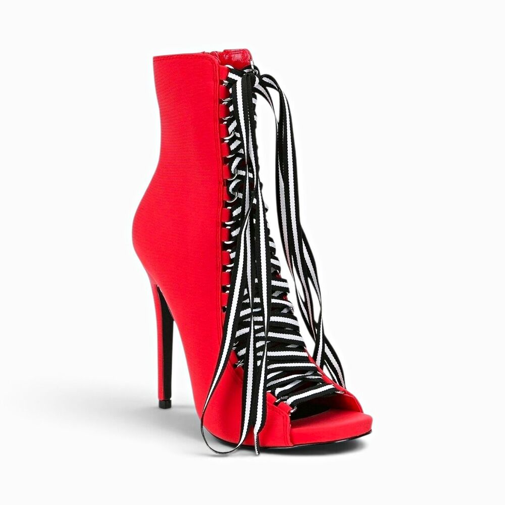 Steve MADDEN Fuego Women’s Red Stiletto Boot Open Toe Lace-Up Zip US 8.5